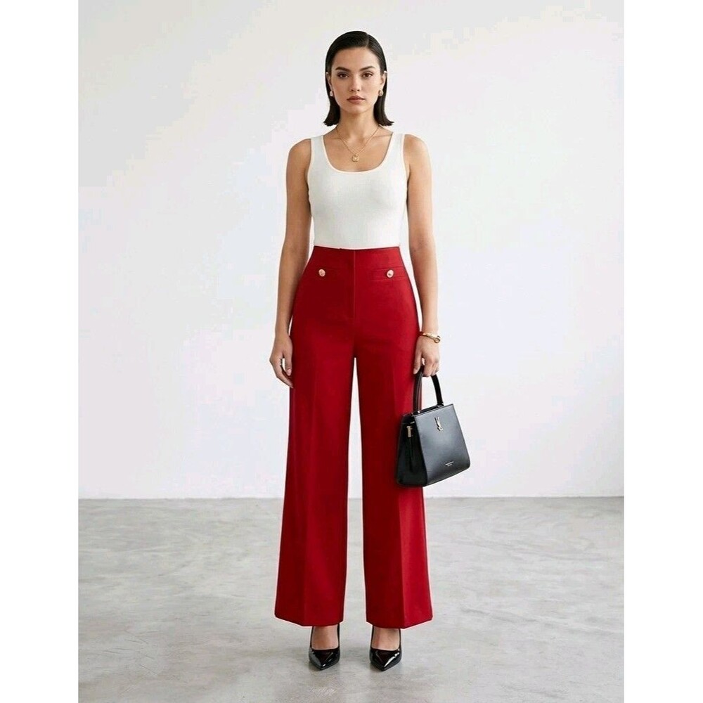 Ann Taylor Red Wide Leg Trousers 10P Petite Sailor White & Gold Crest Buttons
